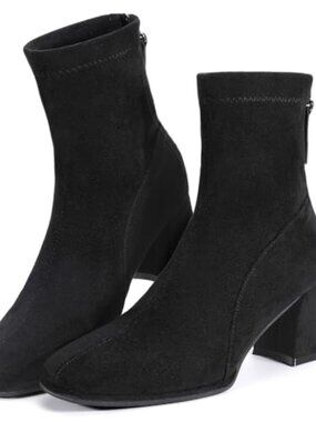 🆕 Women's Square Toe Ankle Boots Faux Suede Low Block Heel Chelsea Boots Women